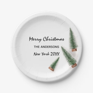 Plato De Papel Merry Christmas Tree Green White Snow Minimal