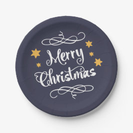 Plato De Papel Merry Christmas Typography Light Blue White