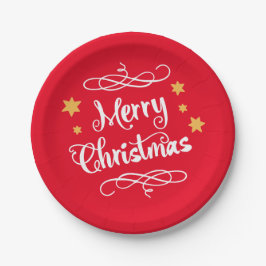 Plato De Papel Merry Christmas Typography Light Red White