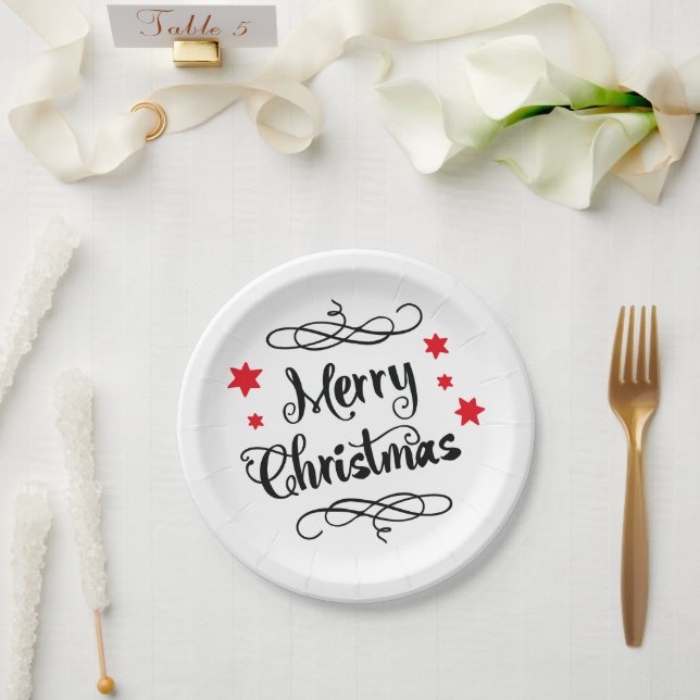 Plato De Papel Merry Christmas Typography Red White (Boda)