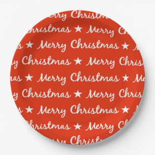 Plato De Papel Merry Christmas Typography White Red Pattern