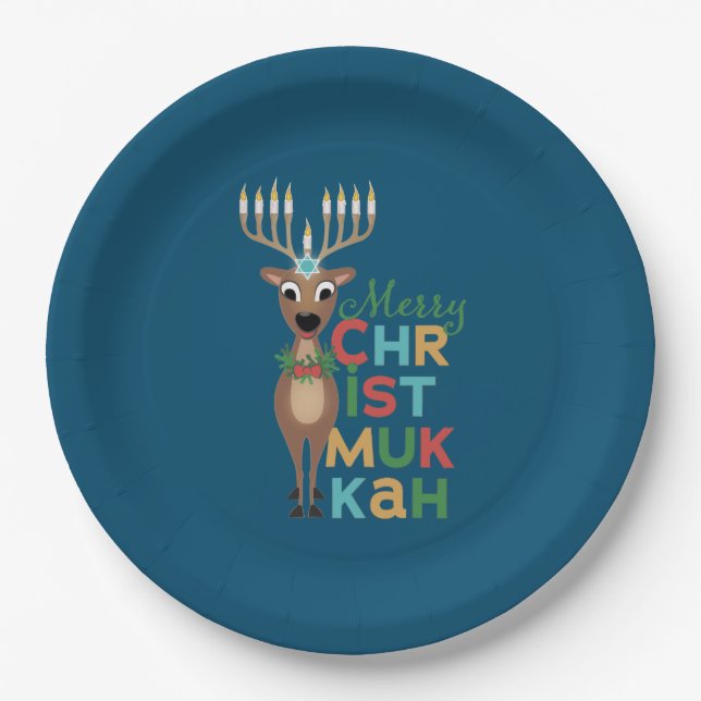Plato De Papel Merry Christmukkah Reindeer (Anverso)