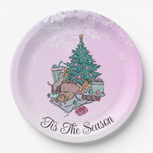 Plato De Papel Merry Everything Pink Christmas Tree Cat and Dog