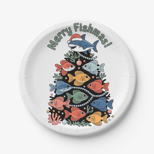 Plato De Papel Merry Fishmas Christmas Tree Fish Funny Fishing (Anverso)