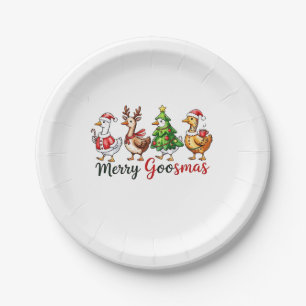 Plato De Papel Merry Goosemas Navidades Goose usando Santa Hat