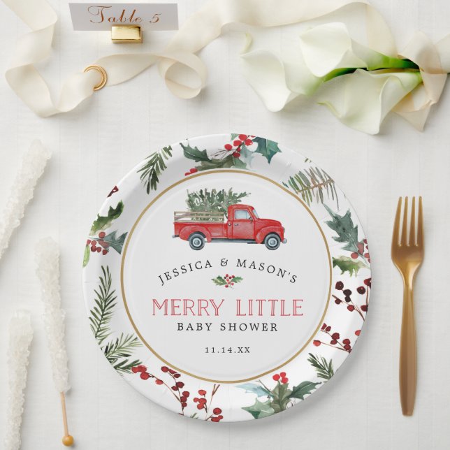 Plato De Papel Merry Little Baby Shower Paper Plates Red Truck (Boda)