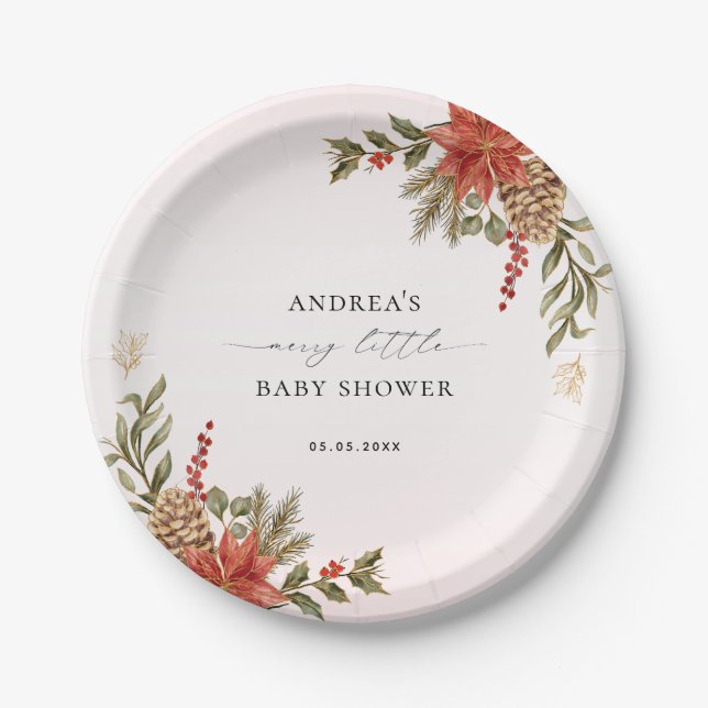 Plato De Papel Merry Little Baby Shower Pink Red & Gold Navidades (Anverso)
