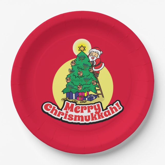 Plato De Papel Merry Rojo Chrismukkah con Santa (Anverso)