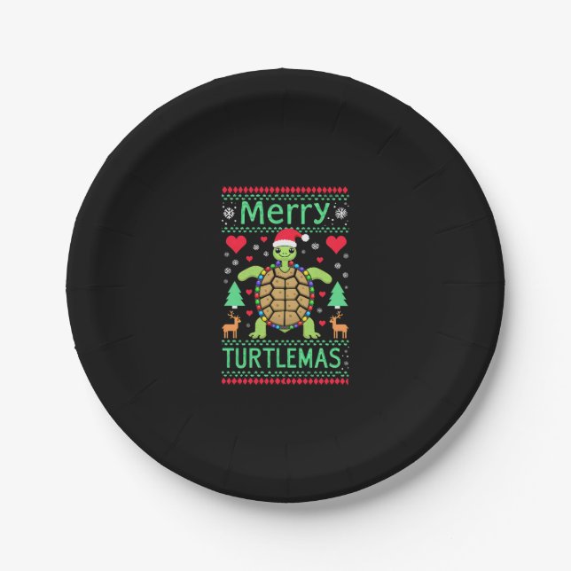 Plato De Papel Merry Turtlemas Christmas Lights Cute Turtle Santa (Anverso)