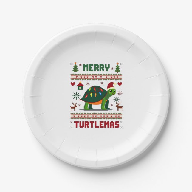 Plato De Papel Merry Turtlemas Christmas Lights Cute Turtle Santa (Anverso)