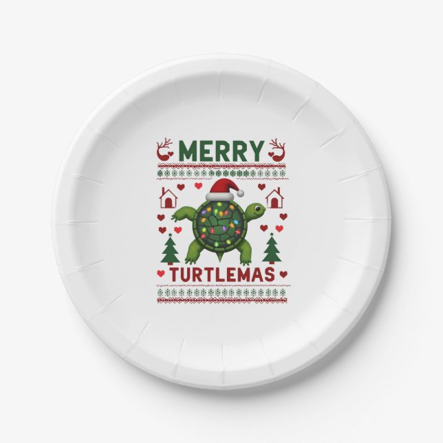Plato De Papel Merry Turtlemas Christmas Lights Cute Turtle Santa (Anverso)