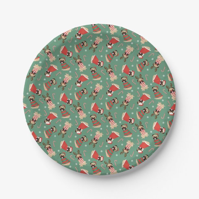 Plato De Papel Merry Woofmas Pug Dogs (Anverso)