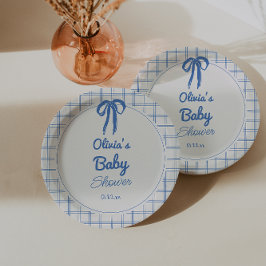 Plato De Papel Mesa de bebé con lazo azul de gingham dibujado a m