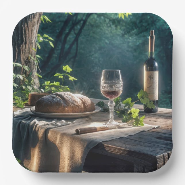 Plato De Papel Mesa Rústica Con Vino En Un Bosque (Anverso)