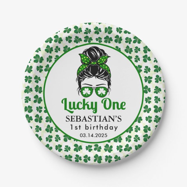 Plato De Papel Messy Bun Lucky One First Birthday Chica (Anverso)