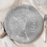 Plato De Papel Metálico personalizado del Purpurina de plata Glam<br><div class="desc">Personalice fácilmente estas placas de papel con motivos de purpurina metalizado y glamorosas con su propio nombre personalizado.</div>