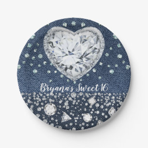 Plato De Papel Mezclilla de Blue Jean y Diamantes Brillo Corazón