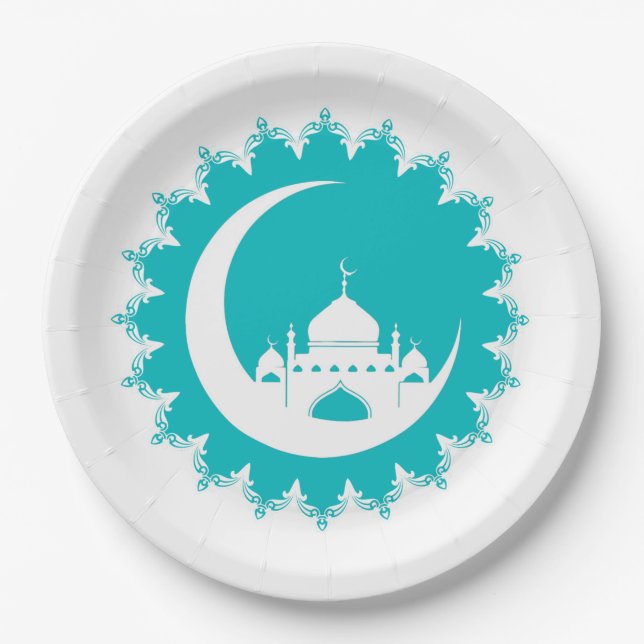 Plato De Papel Mezquita Blanca en Crescent Moon Ramadan (Anverso)