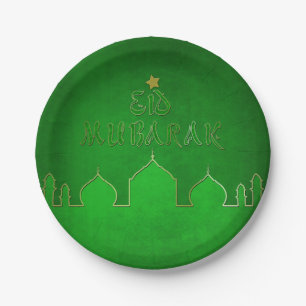 Plato De Papel Mezquita de Oro Verde Eid Mubarak