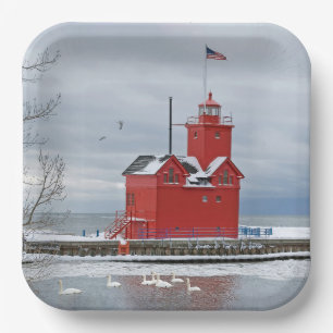Plato De Papel Michigan Gran Faro Rojo Con Cisnes De Invierno