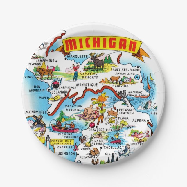 Plato De Papel Michigan Postcard Map  (Anverso)