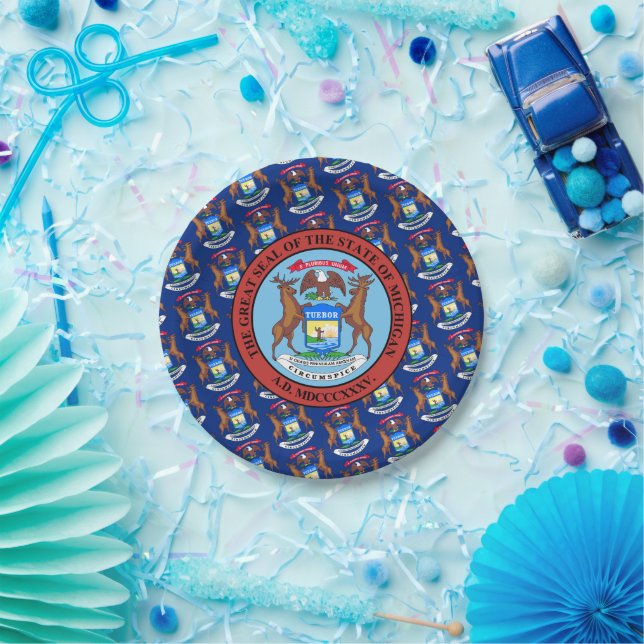 Plato De Papel Michigander Flag & Seal, Michigan (Fiesta)