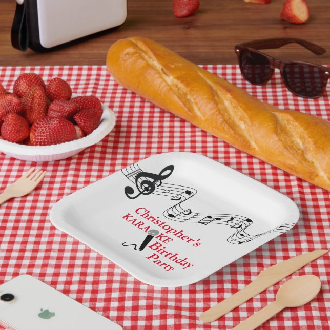 Plato De Papel Micrófono a escala musical de Karaoke Fiesta rojo (Picnic)