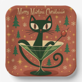 Plato De Papel Mid Century Black Cat Merry Martini Christmas