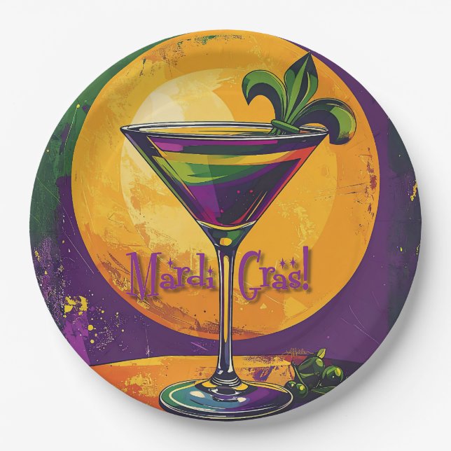 Plato De Papel Mid Century Mardi Gras Sunset Fleur De Lis Martini (Anverso)