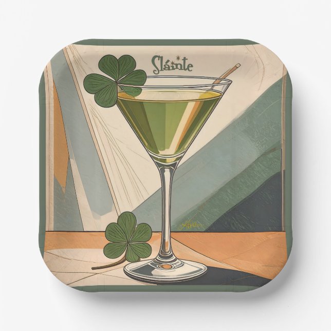 Plato De Papel Mid Century Modern Art Shamrock Martini Sláinte!  (Anverso)