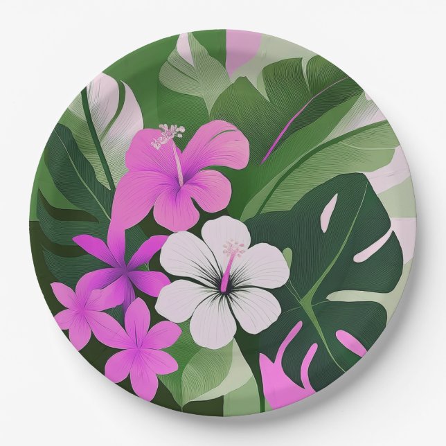 Plato De Papel Mid-Century Modern Hawaiian Hibiscus and Plumeria (Anverso)