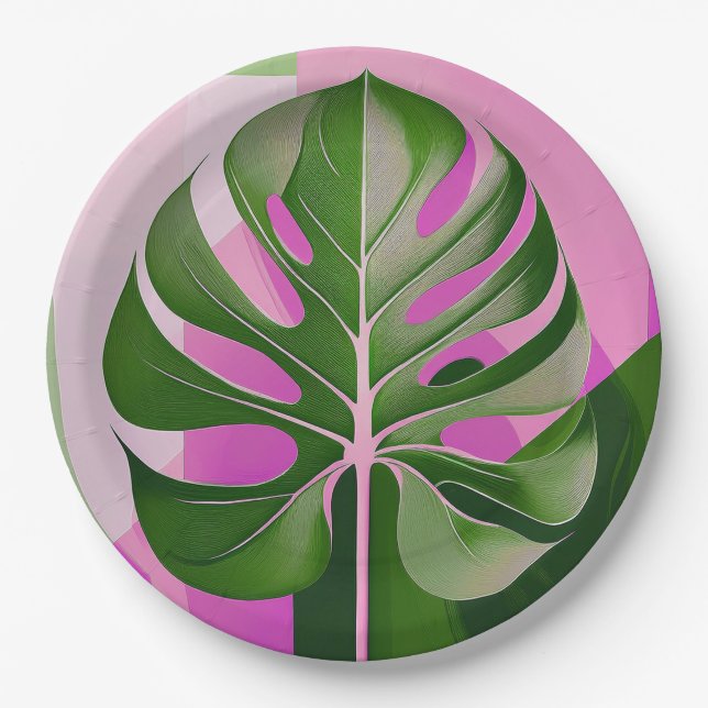 Plato De Papel Mid-Century Modern Hawaiian Monstera Leaf (Anverso)