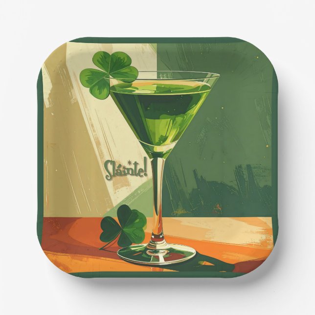 Plato De Papel Mid Century Modern Shamrock Martini Sláinte!  (Anverso)