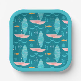 Plato De Papel Mid Century Pink Catamaran - Blue Background