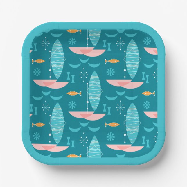 Plato De Papel Mid Century Pink Catamaran - Blue Background (Anverso)
