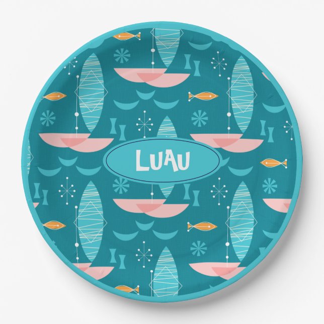 Plato De Papel Mid Century Pink Catamaran - Blue Background (Anverso)