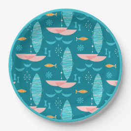 Plato De Papel Mid Century Pink Catamaran - Blue Background
