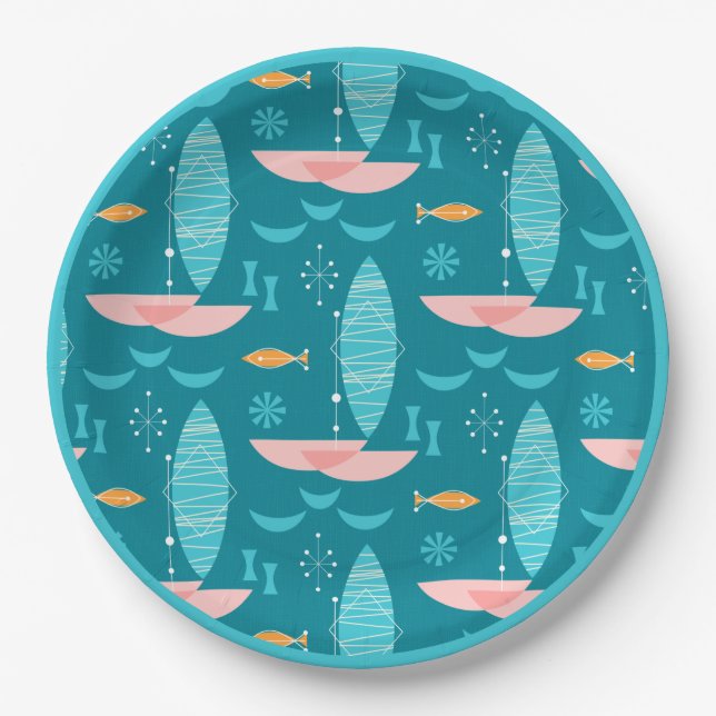 Plato De Papel Mid Century Pink Catamaran - Blue Background (Anverso)