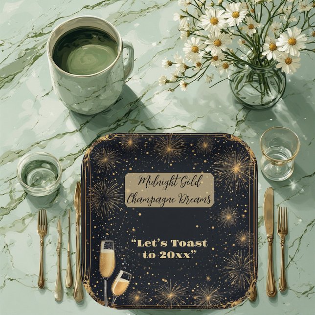 Plato De Papel Midnight Gold Champagne Dreams Bubbly New Year Fun (Midnight Gold Champagne Dreams Bubbly New Year Fun Paper Plates)