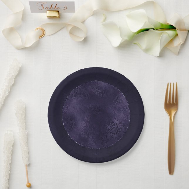 Plato De Papel Midnight Indigo Romance | Damasco satinado (Boda)