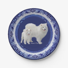 Plato De Papel Mini retrato samoyado en placas de papel azul