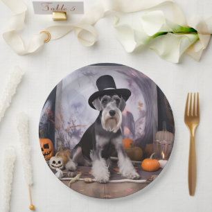 Plato De Papel Miniatura Schnauzer Calabazas Halloween Espeluznan