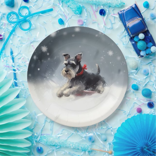 Plato De Papel Miniatura Schnauzer Navidad nieve invierno (Fiesta)