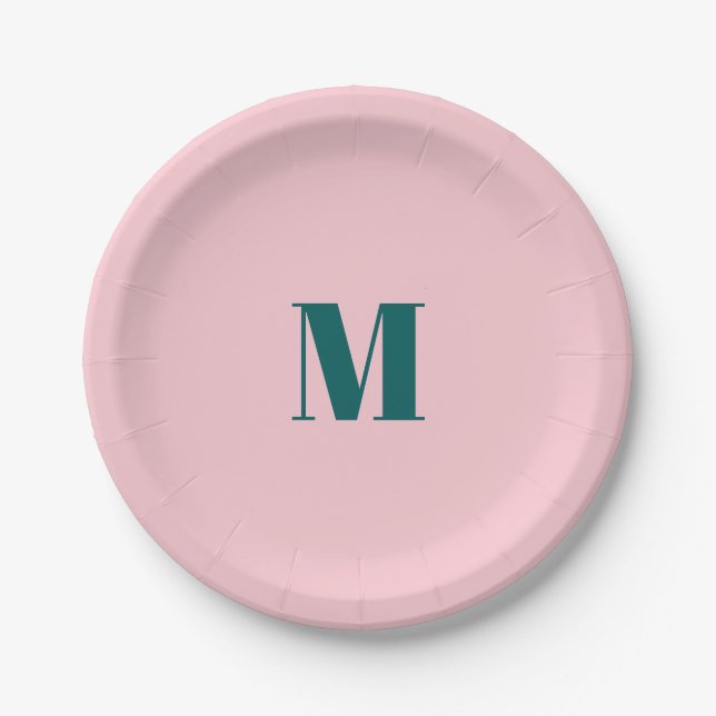 Plato De Papel Mínima Monograma Letra Inital Rosa Verde (Anverso)