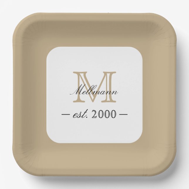 Plato De Papel Minimal Elegant Gold Monogram Family Year Est. (Anverso)