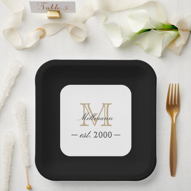 Plato De Papel Minimal Elegant Gold Monogram Family Year Est. (Boda)
