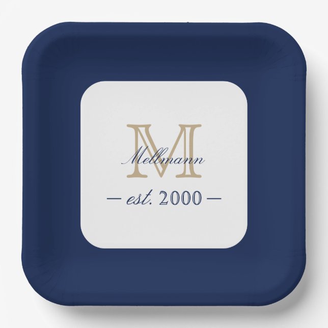 Plato De Papel Minimal Elegant Gold Monogram Family Year Est. (Anverso)