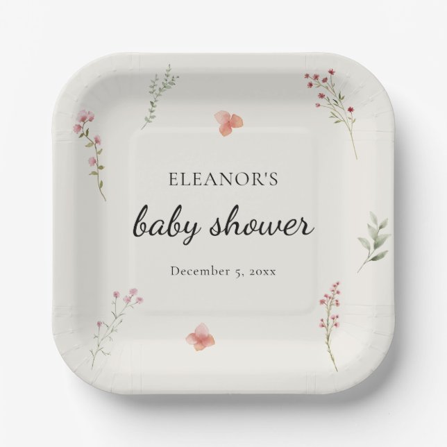 Plato De Papel Minimal Wildflower Boho Baby Shower (Anverso)