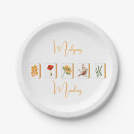 Plato De Papel Minimalist Gold and White Mahjong Flower Tiles