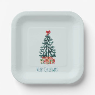 Plato De Papel Minimalist Merry Christmas Snowy Tree